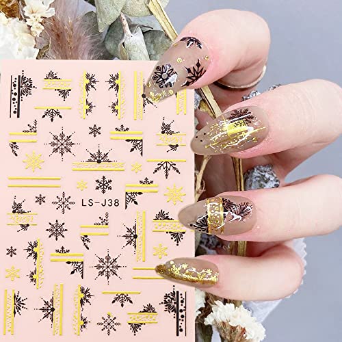 4 Sheets Christmas Nail Stickers Snowflake Nails Black Gold Christmas Nail Art Decorations Winter Snow Flake Elk Abstract French Self-Adhesive Design Nail Art Decals for Women New Years Nail Supplies