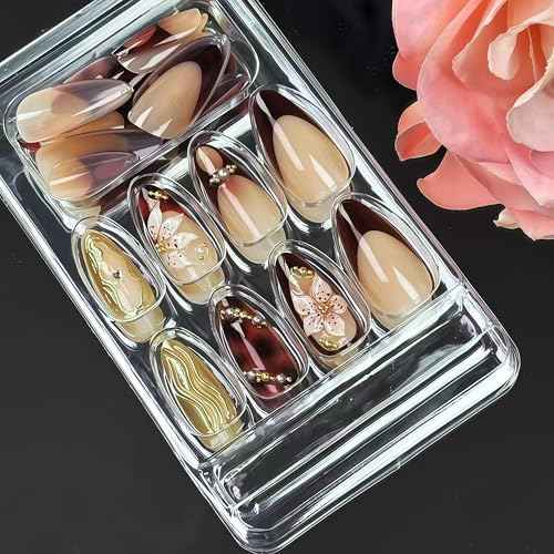 24Pcs Almond Press on Nails Medium Fake Nails with Brown Flower Designs French Nails 3D Gold Texture False Nails Star Press ons Pearl Jewelry Acrylic Nail Cute Stick on Nail for Women Manicure