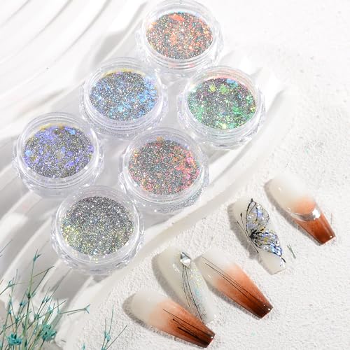 6 Colors Nail Art Glitter Diamond Dust Iridescent Nail Powder Chunky Glitter Confetti Foil Flakes Sequins for Nail Art Supplies, Gel Polish, Mermaid Makeup, Body, Resin ? Glittering Iridescence