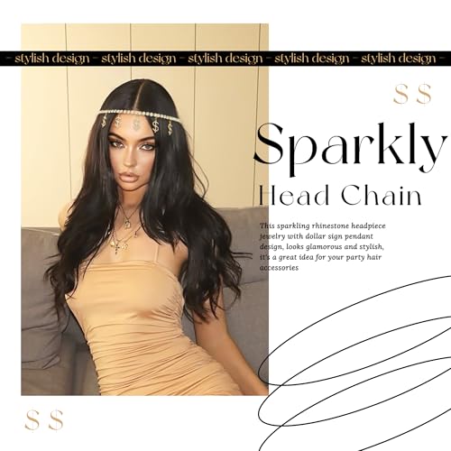 Gold Headpiece Dollar Sign Head Chain Bling Money Dangle Rhinestone Head Jewelry Sparkly Prom Party Hair Accessories for Women Girls