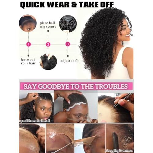 Burmese Curly Half Wig Human Hair 16 Inch 200% Density Invisible Flip Over Hairline Half Curly Wig Human Hair Headband Wigs for Black Women Drawstring Secure Fit Glueless Wigs Beginner Friendly