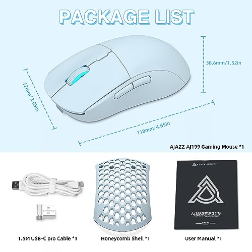 AJAZZ AJ199 Wireless Gaming Mouse,59G Ultra Lightwieght-Huanuo Micro Switch-26K PAW3395 Sensor-40Hrs Battery Life-2.4G/USB-C Mouse Gaming -Wireless Computer Mouse 6 Programmable Buttons,100% PTFE Feet