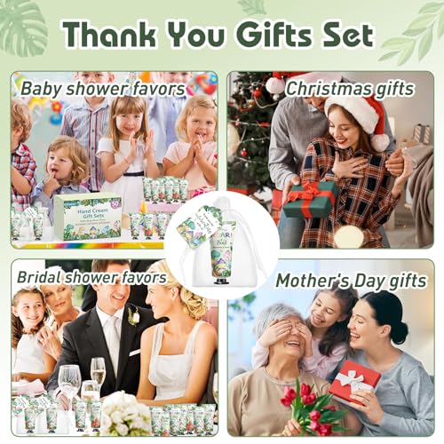 50 Pack Bulk Hand Cream Gifts Sets, Baby Shower Favors and Wedding Welcome Bag Stuffers for Guests with Thank You Card and Organza Gift Bags, Appreciation Gifts, Bridal Shower Favors (Dinosaur)