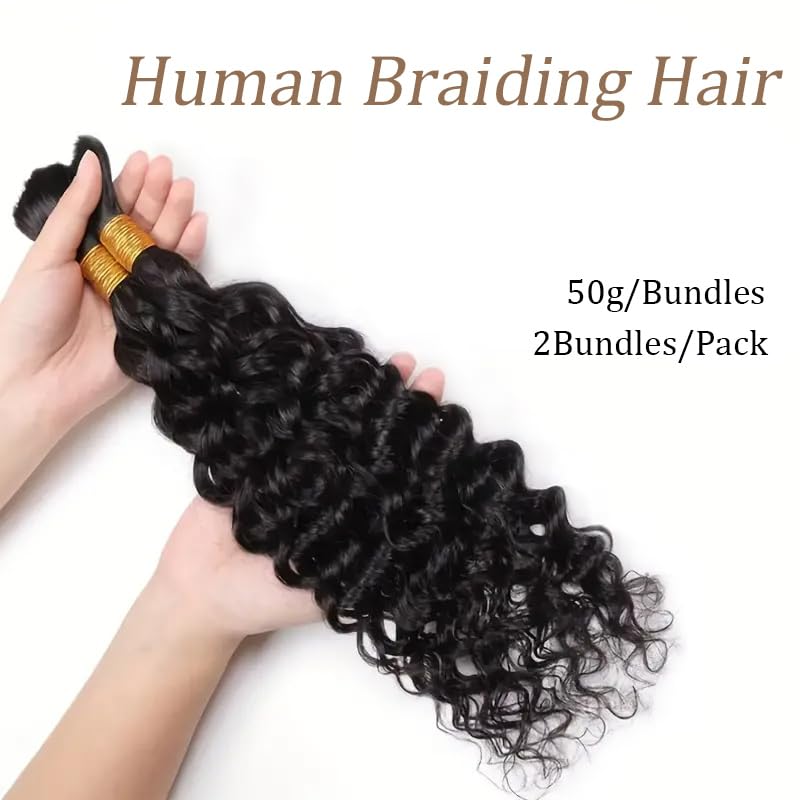 Human Braiding Hair 2 Bundle 100G 26 Inch Deep Water Wave Bulk Human Hair for Braiding No Weft 10A Bohemian Hair Virgin Curly Human Hair Extensions for Boho Braids Wet and Wavy Braiding Hair