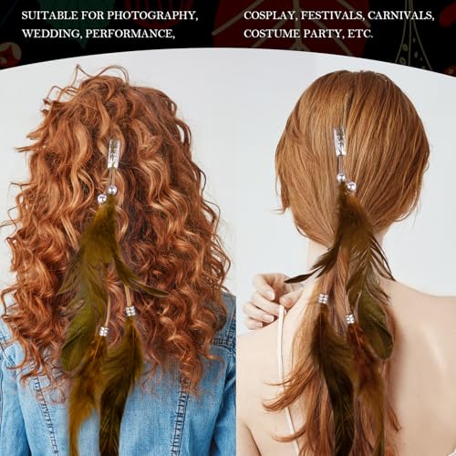 ICYANG Women Feather Hair Clips, 6 Pieces Handmade Boho Hippie Hair Extensions with Clip DIY Viking Hair Accessories Headdress