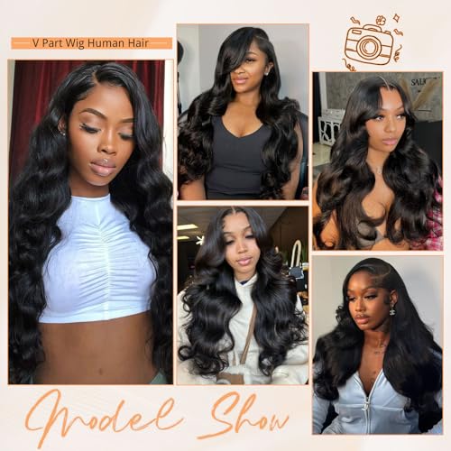 V Part Human Hair Wig Body Wave V Part Wig Human Hair for Black Women 18 Inch Glueless Wigs Clip Upgrade Natural Beginner Friendly Middle Part 200% Density