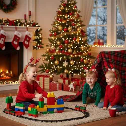 Glitter Red Reindeer Antlers Headband with Pom Poms, Christmas Hair Accessory for Women Girls Teens, Xmas Party Costume with Santa & Tree