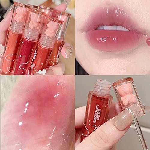 2Pcs Bear Lip Glaze Jelly Lipstick,Liquid Lipstick Cute Bear Lipgloss Moisturizing Lip Stain Plumping Water Lip Gloss Waterproof Long Lasting Cheek Rouge Tint Cosmetics Bear Beauty Makeup