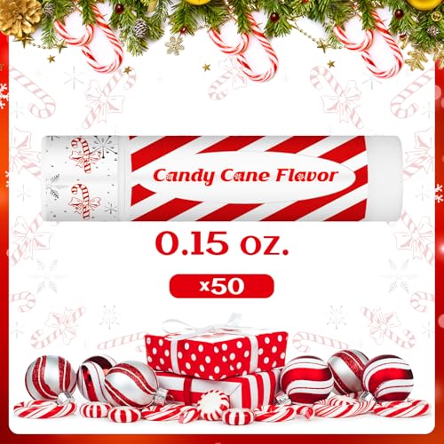 50 Pack Christmas Lip Balms Bulk Christmas Candy Peppermint Cane Scented Holiday Flavor Lip Balm Gifts Xmas Party Gifts Bulk Xmas Items Stocking Stuffers for Women Men Staff Employee (Candy)