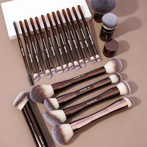 MAANGE 20 PCS Foundation Makeup Brush Set, Double-ended Kabuki Contour Brush for Liquid Powder Concealer Blending Blush Face Makeup Tools (Coffee)
