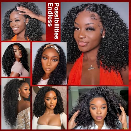 Kinky Curly Half Wig Human Hair 200% Density 3 In 1 Curly Half Wig Seamless Drawstring Curly Human Hair Wig Wear Go Glueless Wigs Human Hair Beginner Friendly (Kinky Curly Nautal Color, 16 Inch)