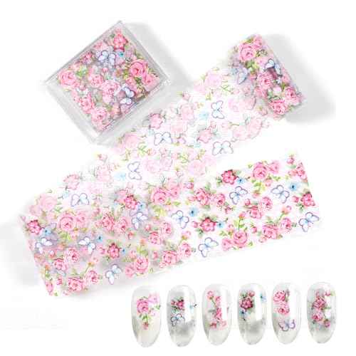 DANNEASY 6 Boxes Flower Nail Art Foil Transfer, Floral Spring Nail Stickers Foil Sheets, Starry Sky Nail Foils, Holographic Manicure Decals for Women Girls Manicure Tips Supplies