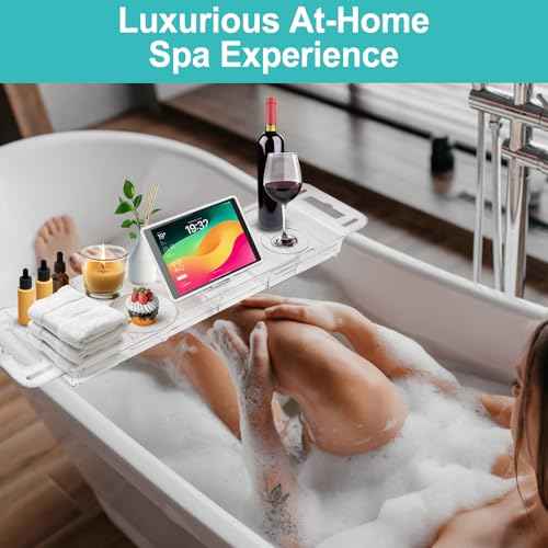 Expandable Bathtub Tray Caddy, Clear Bath Tray for Tub for Bath Relaxing, Foldable Bath Table Trays, Bathtub & Bathroom Accessories for Women Gift, Anniversary or Wedding Gifts, New Home