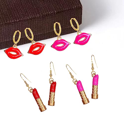 GBAHFY 4 Pairs Sexy Red Pink Lips Lipstick Alloy Dangle Earrings Fashion Long Lipstick Drop Earrings for Woman Set