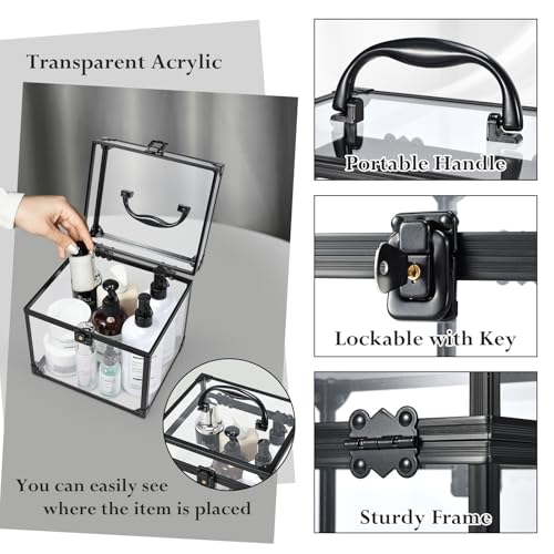 FRENESSA Portable Makeup Case Clear Crown Box Cosmetics Display Case Toiletry Organizer Box Transparent Acrylic Artists Train Case Travel Makeup Tools Storage for Vanity Bathroom Counter Dresser Case