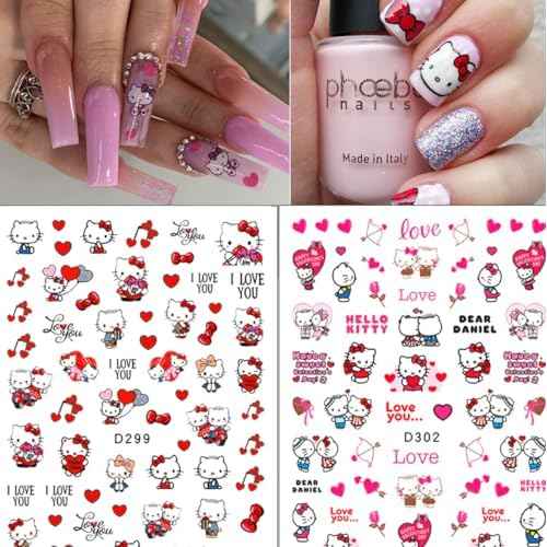 10 Sheets Valentines Nail Art Stickers Cute Nail Stickers 3D Self-Adhesive Cute Heart Nail Art Design Kawaii Nails Supplies Cartoon Nail Decals for Women Girls DIY Manicure Chrams
