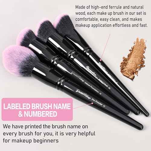 Bueart Design 18Pcs Pro Deluxe Fuchsia Pink Black Makeup Brushes set with Travel Make up Brush Holder case Foundation concealer contour Blush eyeshadow face make up brush set