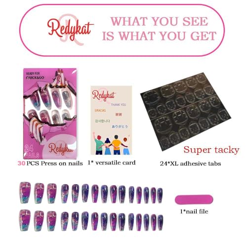 Redykat 30PCS Glossy Purple Ombre Coffin Press On Nails, Salon Quality Nail art, Gel- Like Nails, Cat Eye Nails (Purple Melody)