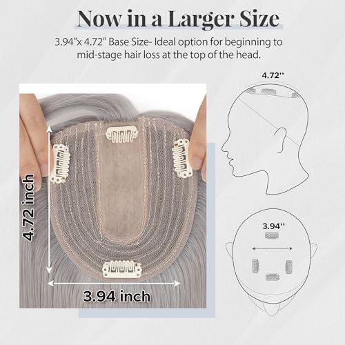 Human Hair Topper for Women, with Silk Base 3.94x4.72, 6 Inches, 4 Clips, for Thinning Hair, without Front Bangs, Salt and Pepper Color, Natural Look