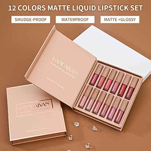 12 Colors Book Style Velvet Matte Liquid Lipstick Christmas Gift Set Long-Lasting Non-Stick Cup Not Fade Shimmer Nude Lip Gloss Thanks For the Love Lip Set (Set B)