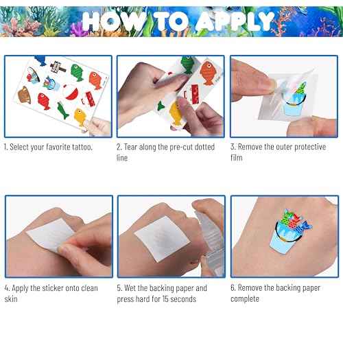 96 PCS Gone Fishing Fish Pre-Cut Temporary Tattoos for Kids Birthday Theme Party Supplies Decorations Favors Decor Cute Little Nautical Fisherman Tattoo Stickers Gifts for School Prizes Boys Girls