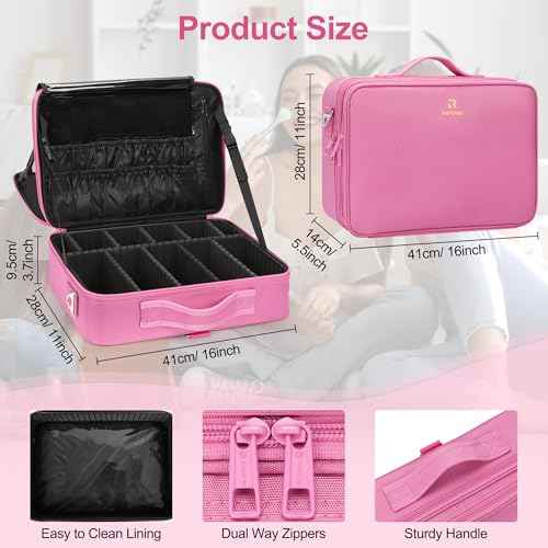 Relavel Makeup Case Large Makeup Bag Professional Train Case Travel Cosmetic Organizer Brush Holder Waterproof Makeup Artist Storage Box, 3 Layer Large Capacity, with Adjustable Strap, Rose Pink