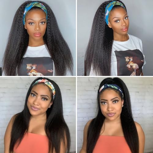 Kinky Straight Headband Wig Human Hair 22 Inch Wigs for Black Women Glueless None Lace Front Straight Human Hair Wig Wear and Go Wigs Machine Made 180% Density Natural Color