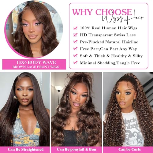 Brown Lace Front Wig Body Wave Chocolate HD Lace Frontal Wigs Human Hair Pre Plucked for Women 20 Inch 13x6 Brown Glueless Human Hair Wig with Baby Hair