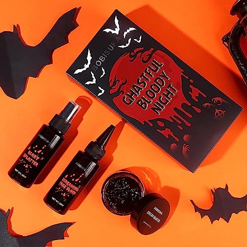BOBISUKA 3PCS Halloween Fake Blood Makeup Kit - Coagulated 1.41oz + Spray 1.76oz + Dripping 1.76oz, Realistic Washable SFX Makeup for Zombie Monster Mouth Clothes Dress Up