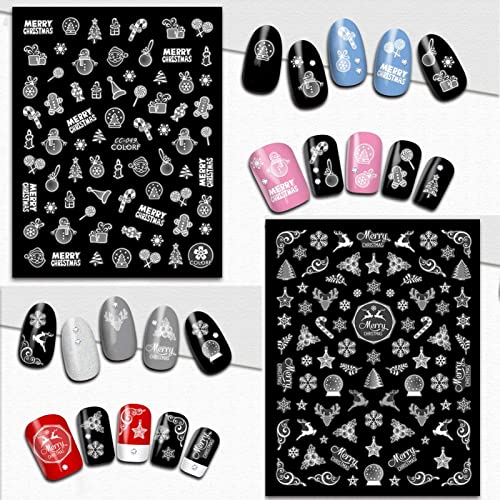 TailaiMei Christmas Nail Art Stickers Decals, Self-Adhesive White Nail Decorations Design for Santa Claus Snowflake Snowman (800 Pcs, 9Sheets)