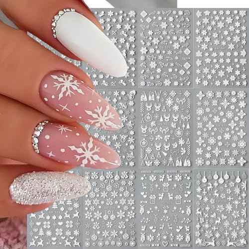 12 Sheets Snowflake Nail Art Stickers, 3D Self-Adhesive Winter Theme Nail Decals, Holographic Snowflake, Elk, Snowman, Christmas Tree etc Pattern Nail Art Design DIY Nail Decoration for Women Girls