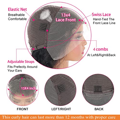 Kinky Curly 13x4 HD Lace Front Human Hair Wigs 180% Density Kinky Curly Glueless Wig 12A Brazilian Virgin Hair Pre Plucked With Baby Hair 16Inch Afro Kinky Curly Lace Frontal Wigs For Women