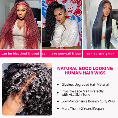 QinMei 13x4 Deep Wave Human Hair Lace Front Wigs for Black Women Brazilian Virgin Human Hair Deep Curly Lace Front Wigs with Baby Hair Pre Plucked Bleached Knots Natural Color 180% Density 20 Inch