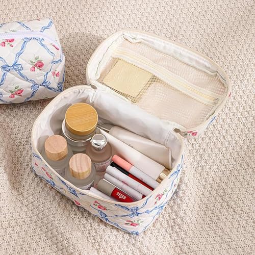 Large Makeup Bag, Cute Cosmetic Bags for Women Girls, Quilted Floral Toiletry Bag, Travel Make Up Organizer Bag