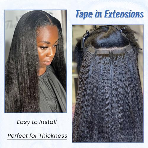 Black Tape in Extensions Real Human Hair 24 Inch Kinky Straight Tape in Hair Extensions Human Hair Black Women 40PCS 100G Invisible Natural Black Kinky Straight Human Hair Tape ins