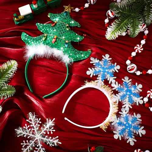 Poen 2 Pcs Christmas Headbands Snowflake Xmas Tree Headband Holiday Head Topper for Adults Women Men Gifts Party Favors
