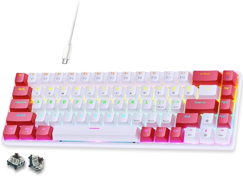 abucow 60% Wired Mechanical Keyboard – 68-Key Compact Layout, Full Anti-Ghosting, Brown Switch Swappable Red White Keycaps, for Windows/Mac