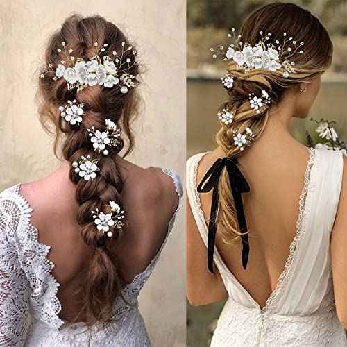 5 PCS Bridal Flower Wedding Hair Pins Crystal Pearl Hair Clips Headpiece Gold Wedding Hair Accessories Jewelry with Rhinestone for Brides Bridesmaids Women Girls Updo (Pure White Flower)