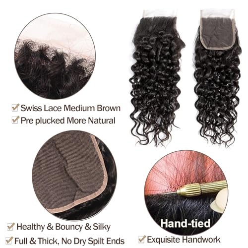 Wet and Wavy Human Hair Bundles Water Wave Bundles with Closure Human Hair-16 18 20+16inch 10A Raw Brazilian Virgin Hair and Free Part Lace Closure Natural Black