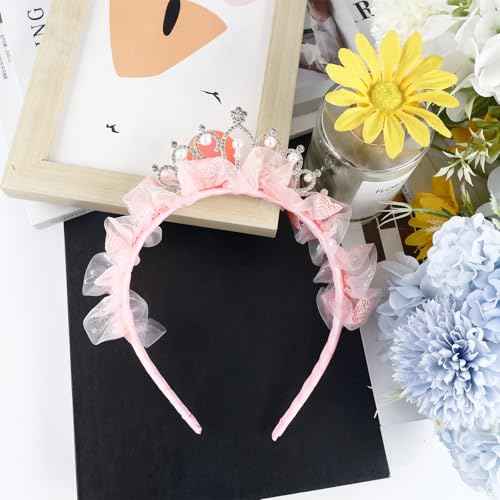 Princess Crown Headbands Birthday Gifts for Women Tiara Cute Pink Rhinestone Pearl Crown Hair Band Accessories Elastic Head Bands Headpiece Decoration for Christmas Party Favor Costume Cosplay