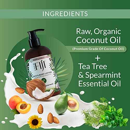 Coco Fiji Face & Body Lotion Infused With Coconut Oil | Lotion for Dry Skin | Moisturizer Face Cream & Massage Lotion for Women & Men | Tea Tree Spearmint 12 oz, Pack of 1
