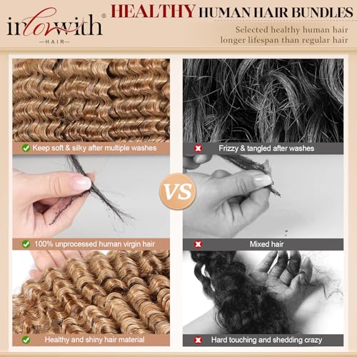 inlovwith Honey Blonde Deep Wave Human Hair Bundles, Selected Healthy Deep Curly Bundles Human Hair 27# Colored Brazilian Virgin Hair Wet and Wavy (Single Bundle, 30 Inches)