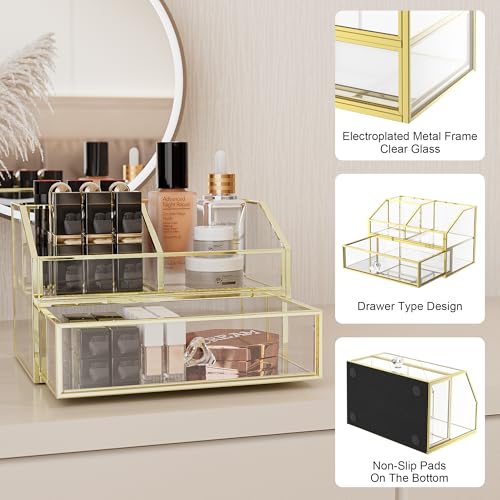 FSyueyun Makeup Organizer for Vanity, Clear Glass Drawer Organization and Storage Jewelry Display Case Gold Cosmetics Storage Lipstick Organizer Tray Perfumes for Bathroom Counter or Dresser