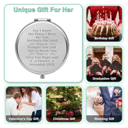 Religious Gifts for Women Travel Makeup Mirror Inspirational Christian Encouragement Present Religious Scripture Gifts Compact Makeup Mirror Retirement for Women Silver