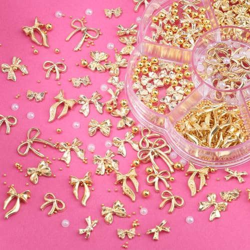 3D Metal Alloy Nail Bows Kit - Silver & Gold Bowknot Charms with 1-3mm Mini Caviar Beads, Tweezers, Pickup Pencil, Cute Nail Charms and Gems Jewelry in Petal-shaped Box (Gold-kit-1)