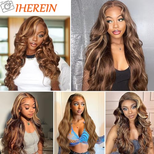13x6 Honey Blonde Highlight Wig Human Hair Ombre Lace Front Wig P4/27 Body Wave Highlight Lace Front Wig Glueless Pre Plucked Bleached Knots Hd Lace Frontal Wigs Colored 26 Inch 180% Density