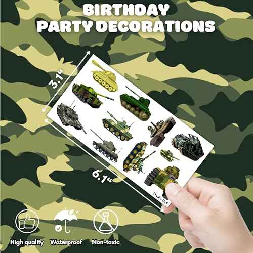 100 PCS Tank Military Temporary Tattoos Themed Birthday Party Decorations Favors Supplies Decor Army Camo Camouflage Soldier Tattoo Stickers Gifts For Game Boys Girls Classroom School Prizes Christmas