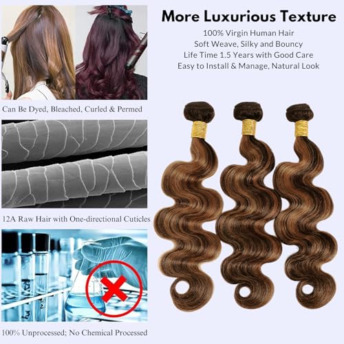Brown Highlight Body Wave Human Hair 3 Bundles, 12A Balayage Ombre Blonde Color Wavy Bundles Human Hair 100% Remy Hair Soft and Glossy #1b/30 Black Hair with Highlights Sew In 10 12 14 Inch