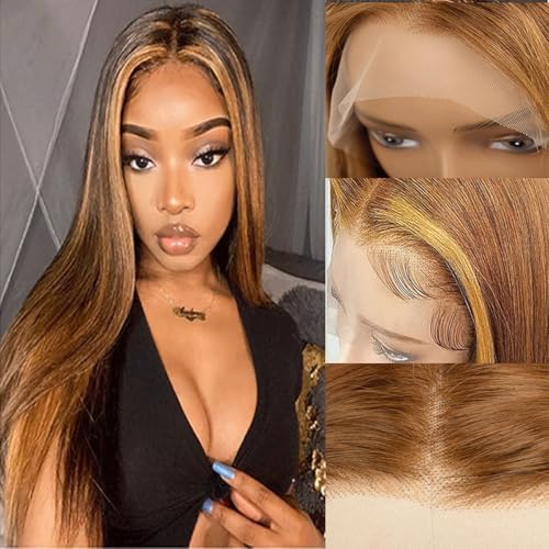 Highlight 13x4 HD Lace Front Wigs Human Hair 4/27 Honey Blonde Straight Transparent Lace Front Wigs Pre Plucked 12A Ombre Wigs Human Hair for Women 180% Density 24 Inch