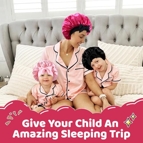 3 PCS Kids Satin Bonnets,Soft Bonnet for Sleeping with Elastic Band,Satin Silk Bonnet for Girls,Kids Sleeping Cap for Teens Nature Curly Hair,3 Color with 6 Hair Scrunchies